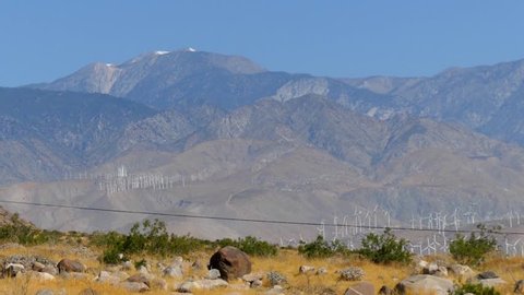 Wind turbines generating electricity at a desert wind farm near Palm Springs, California, USA