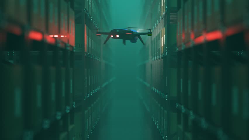 Animation with warehouse drone scanning QR codes on the cardboard boxes in a metal shelf. Fully automatic unmanned system of cargo distribution. Computer coordinated efficient logistic process. 4K.