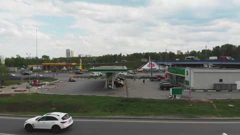 Moscow - May 06, 2019 gas station in Moscow, BP gas station, shooting from above, 4k, summer.