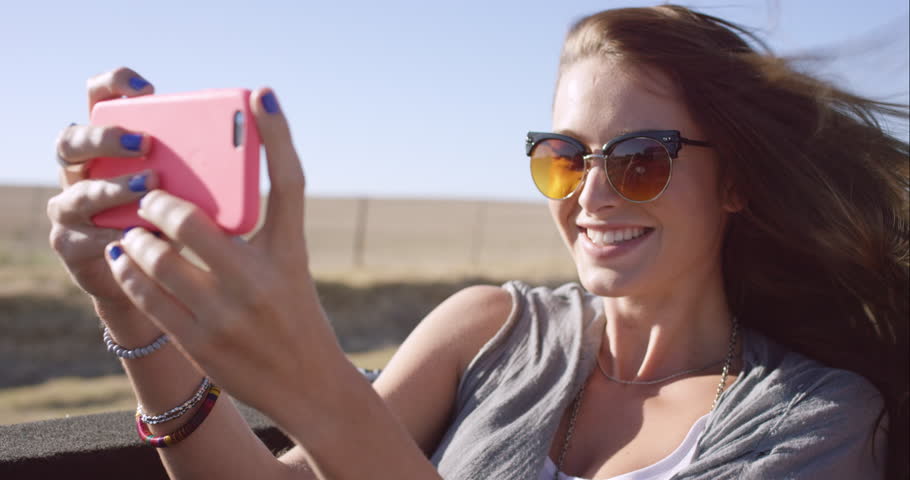 Woman Having Fun Taking Selfie While Driving Car Dangerous Stock 