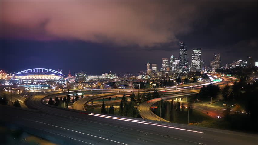 Timelapse Of Interstate Traffic During Sunset With Seattle Skyline In ...