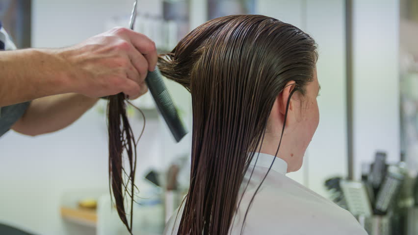 4k00 23professional Hairdresser Combing Long Wet Woman Hair 4k