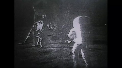 CIRCA 1970s - Astronauts from Apollo 11 walk on the moon as people watch everywhere on earth.