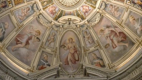 Rome Italy October 3rd 2015 4k Church Ceiling Fresco Oil Religious Painting Cathedral Sistine Chapel Ceiling In Vatican Museum