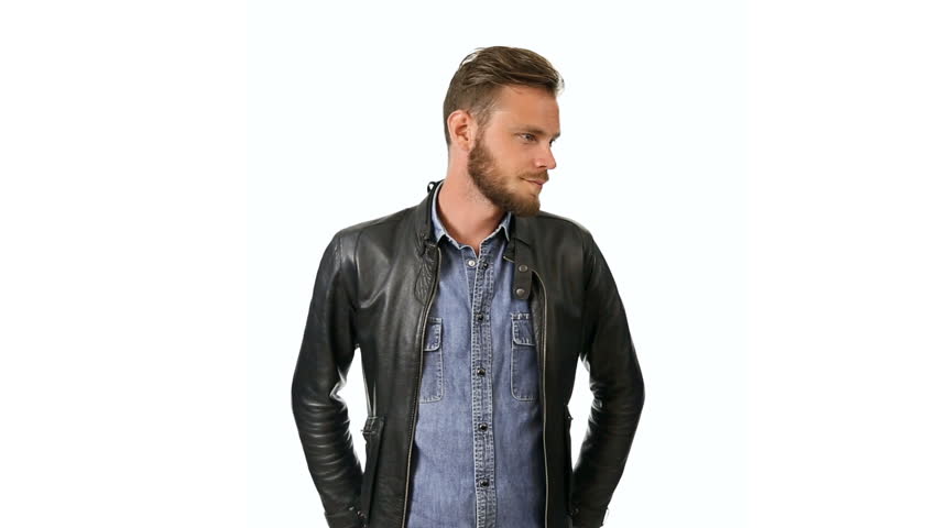 Hd00 25a Fashionable Man Wearing A Jeans Shirt With Black Leather A Fashionable Man Wearing Jeans Shirt With Black Leather Jacket Standing Against White Background Looking At