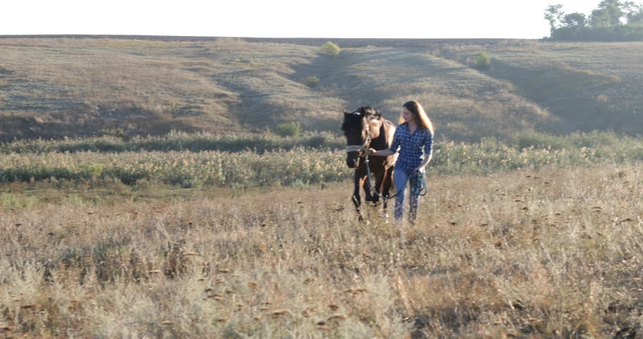 Woman Ride Horse Walking Field Cowgirl Countryside Slow Motion