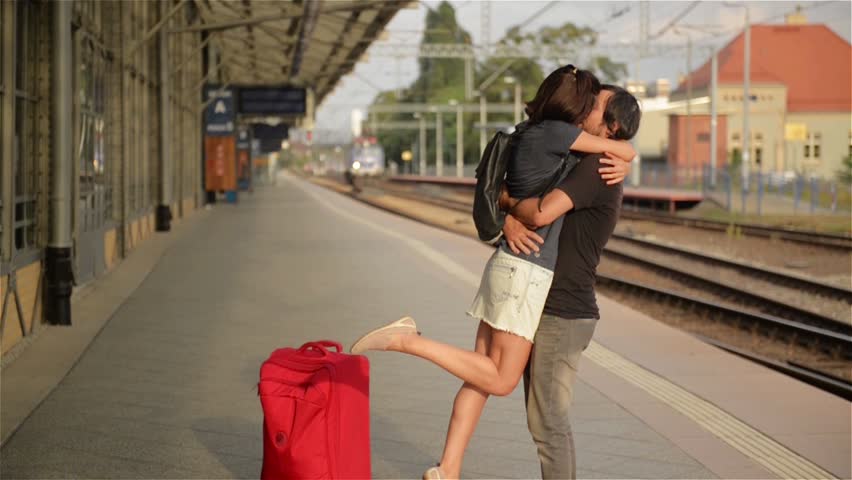 Happy Couple Embracing On Railway Station Platform Farewell At The Train Station Girl And Guy 5613