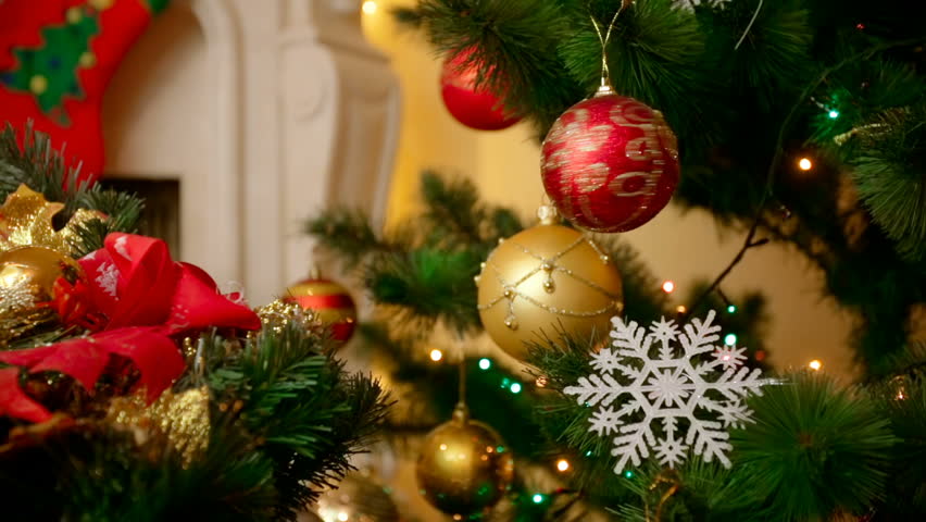 Closeup Of Beautiful Christmas Tree Decorated With Colorful Baubles