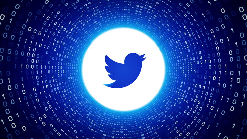 Editorial Animation: Blue Twitter Logo Form Blue Binary Tunnel On White