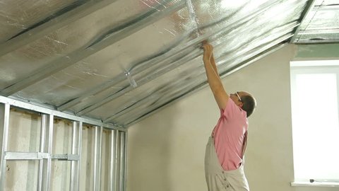 Installation Of Gypsum Plasterboard Ceilings Stock Footage