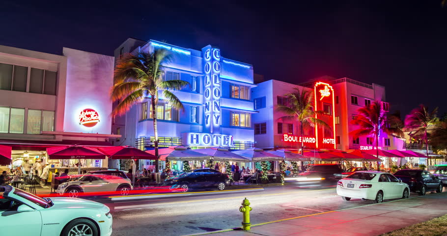 Miami, South Beach At Night, Colony Hotel, Sidewalk, People Stock ...