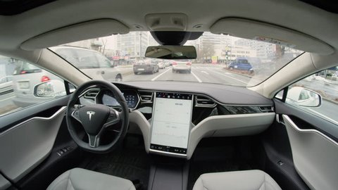 Autonomous Tesla Car February 2016 Absolutely Autonomous Self Driving Autopilot Tesla Model S Driverless Car Driving By Itself With No Driver Through Crowded Urban Street In Complex Environment