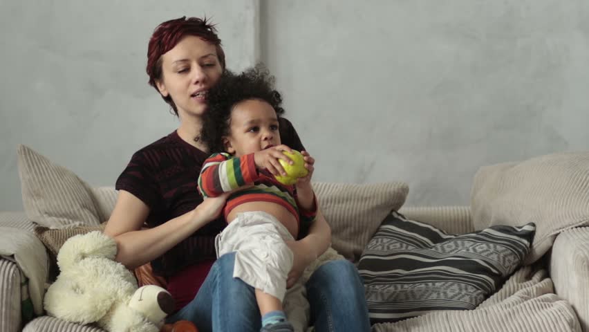 Same Sex Couple Family Watching Tv On Sofa Stock Footage -5257