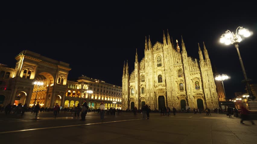 Milan, Italy 01 November 2015, Piazza Duomo At Night Traffic Of People ...