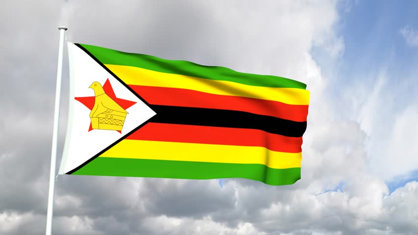 Flag Of Zimbabwe Waving In The Wind With Flagpole - Very Highly ...