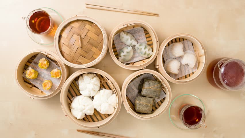Steaming Dim Sum Eating, Top View Point Of Variety Traditional Chinese ...