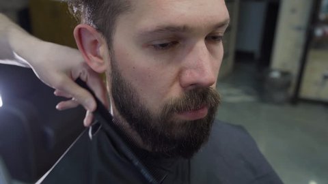 A Young Man S Brown Hair And Beard Is Cut By Scissors In Barber Shop Closeup Back And Side View