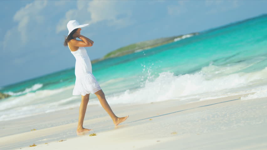 Pretty Latin American Girl In Sundress Hat Barefoot Beach Vacation ...