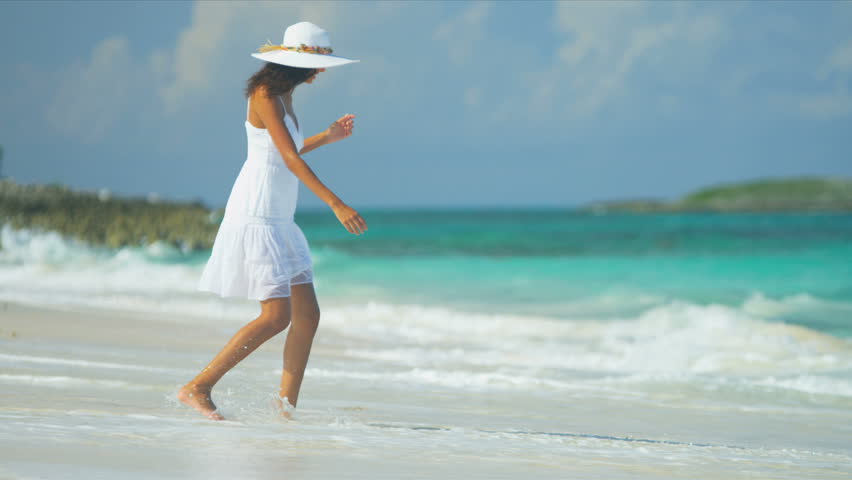 Pretty Girl In Sundress Having Fun Barefoot Beach Vacation Resort Shot ...