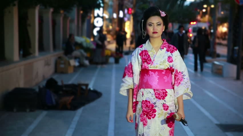 Japanese Geisha Samurai With Sword Outside At Night Stock 