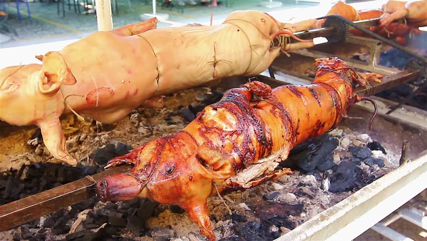 Animals Over Fire Pit Being Automatic Turned Meat On The Spit