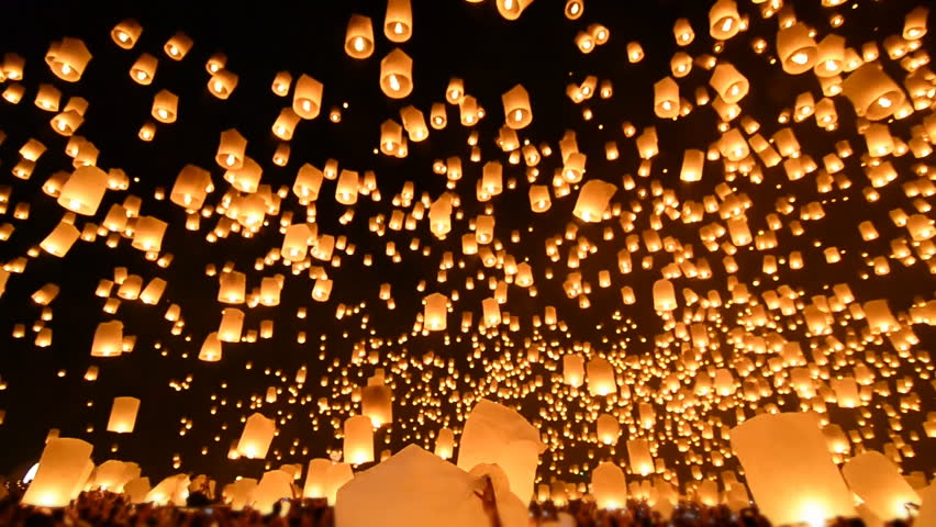 Loi Krathong Festival And Many Fire Lanterns Floating Of Chiang Mai Thailand