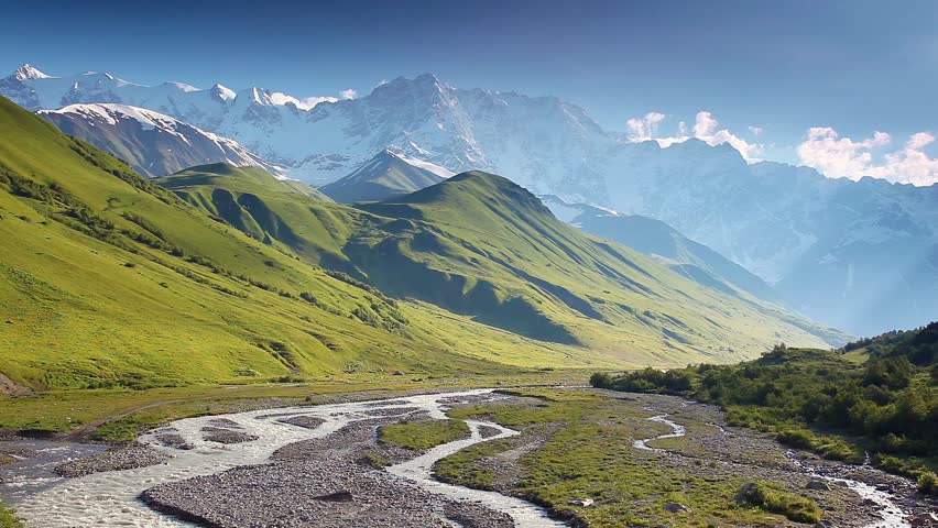 River In Mountain Valley At The Foot Of Mt. Shkhara. Upper Svaneti ...