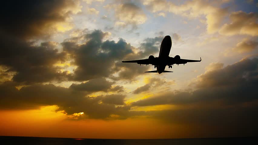 Airplane Landing Against Sunset Background (time-lapse), 3d Animation ...