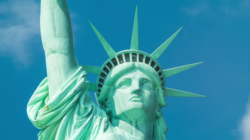 Statue Of Liberty And United States Flag Waving In Wind Stock Footage ...