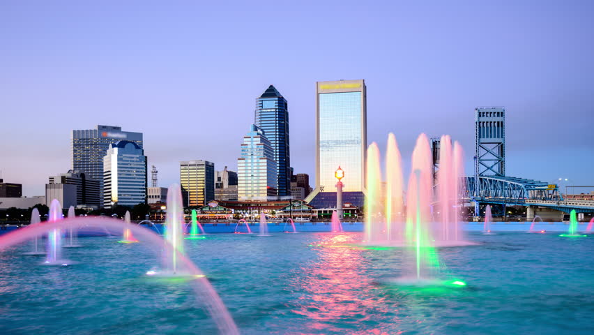 Lighted Water with skyline at night in Jacksonville, Florida image ...