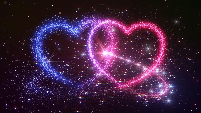 Two Hearts From Sparkles On Night Sky Background. Two Hearts Sparkles